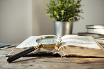 Magnifying glass on an open book with a blurred plant pot background.