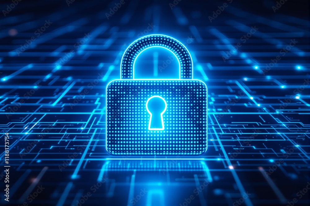 Aufkleber Glowing blue padlock over a digital grid background symbolizing cybersecurity and data protection.