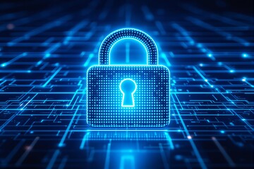Glowing blue padlock over a digital grid background symbolizing cybersecurity and data protection.