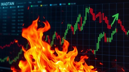 Burning backdrop with graphs symbolizing market volatility and economic turmoil, chart, finance, graph