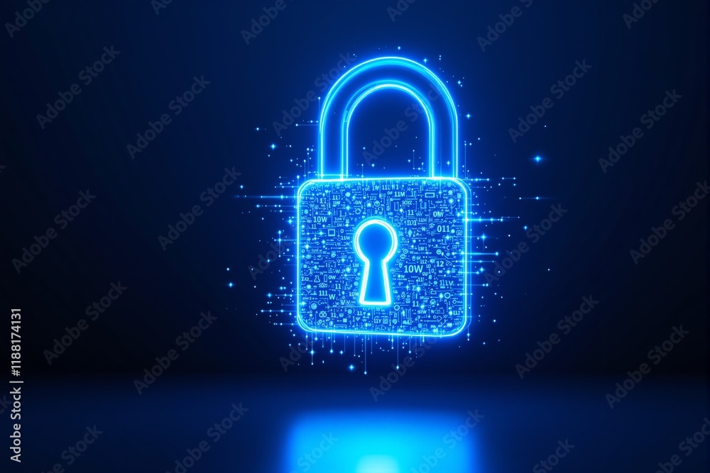 Poster Glowing digital padlock with circuit patterns on a dark blue background.