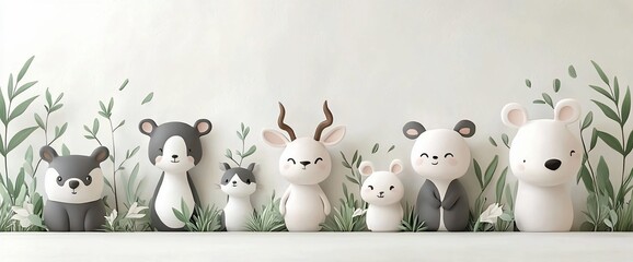 Adorable cartoon animals in a green garden.