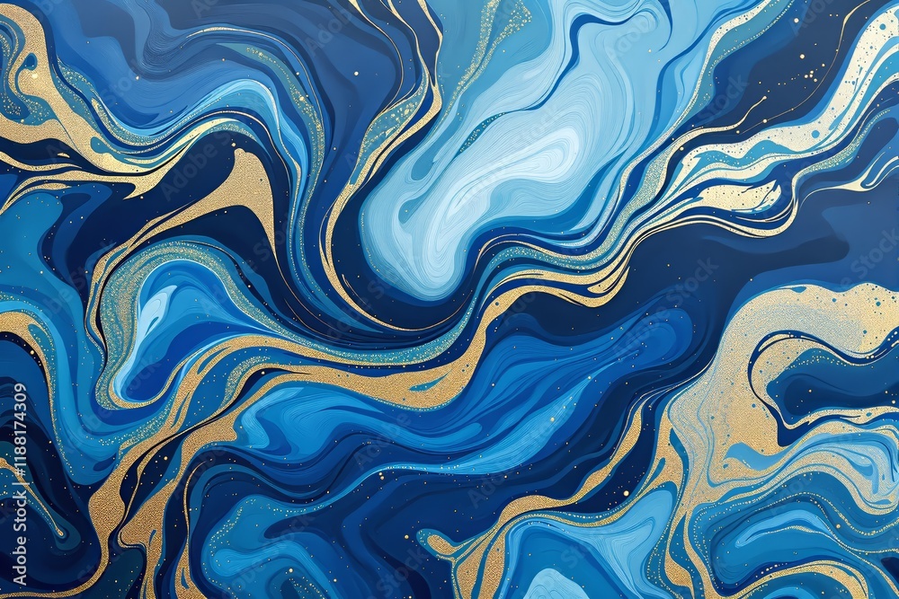 Poster Abstract blue and gold swirled texture with fluid pattern on a dark background.