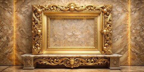 Ancient golden picture frame with intricate carvings sits atop a luxurious marble pedestal, elegant, gold,  elegant