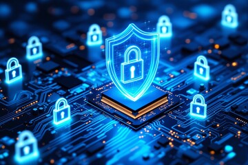 Glowing shield-shaped lock icons on a digital circuit background emphasizing cybersecurity concepts.
