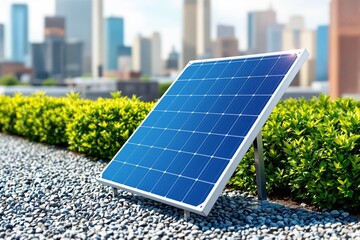 Fototapeta premium Solar panel installed on a rooftop surrounded by greenery and urban skyline in the background.