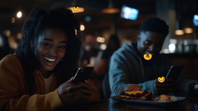 Joyful Couple Enjoying Burgers and Smartphones at Night - Powered by Adobe