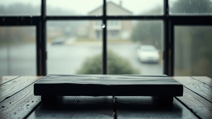 A dark wooden platform rests on a wooden table, with a blurred view of a rainy cityscape through a large window.