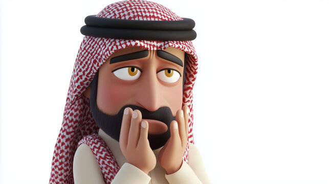 3D Frustrated Arabian Man Face Emoji, Transparent Design Featuring Traditional Attire and a Face-Palm Gesture..