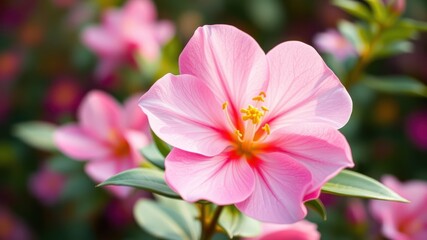 Obraz premium A Delicate Pink Flower with Yellow Stamens in Full Bloom, Surrounded by Lush Green Foliage