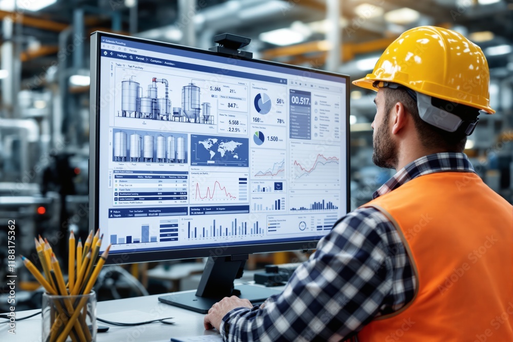 Aufkleber Engineer analyzing industrial data charts on a computer in a factory background.