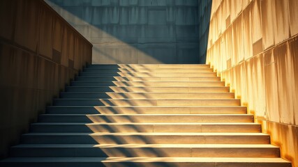 Obraz premium Stone staircase leading upwards, illuminated by the warm light of the sun casting long shadows across the steps