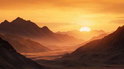 Naklejka premium Serene Sunset Over Mountainous Landscape with Golden Sky