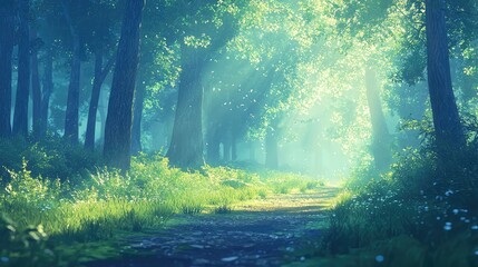 Obraz premium Serene Forest Path Bathed in Soft Morning Light and Cool Mist