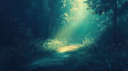 Enchanted Forest Path with Sunlight and Mystical Atmosphere