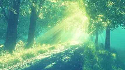 Sunlit Forest Path with Gentle Rays Filtering Through Trees