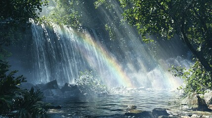 Serene Waterfall with Rainbow in Lush Green Forest Setting