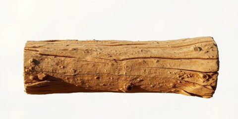 A weathered log with rough bark and deep grain patterns, isolated against a white background