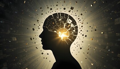 Rebuilding the Mind: A shattered head silhouette with pieces reassembling into a glowing, complete shape, symbolizing recovery and mental resilience