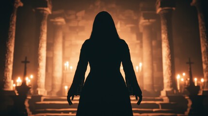 Mysterious Silhouette in Dark Temple with Candles and Statues