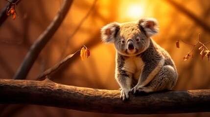 A koala perched on a tree branch, backlighting, light background with space on the right,generative ai illustration