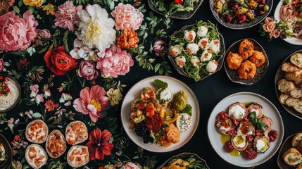 Vibrant Table Spread of Delicious Dishes with Floral Background