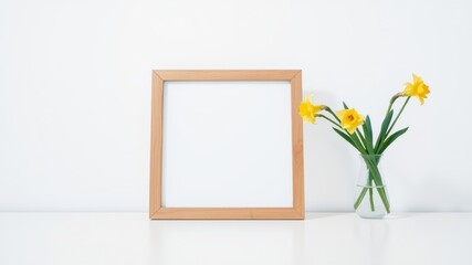 A simple wooden frame sits on a white surface with a vase of yellow daffodils next to it.