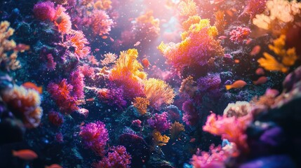 Naklejka premium Vibrant Underwater Coral Reef with Colorful Marine Life and Sunlight