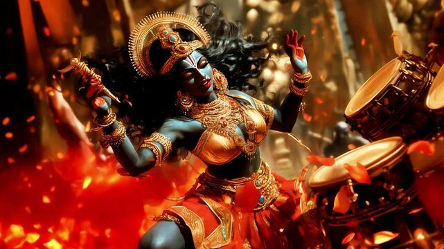 Goddess Kali with a Percussion Instrument Surrounded by Falling Rose Petals, Symbolizing Power, Spirituality, and Devotion