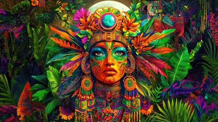 Naklejka premium Vibrant Portrait of Indigenous Woman with Floral Headdress and Jungle