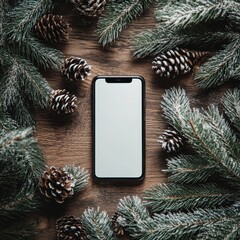 Smartphone with blank screen surrounded by snow-covered pine branches and pine cones on wooden background.
