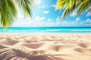 Serene tropical beach with golden sand, turquoise waters, and palm tree fronds under a bright blue sky.