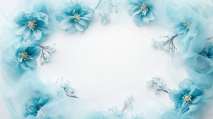 Obraz premium A serene arrangement of blue flowers and tulle, creating a calming decorative frame.