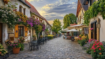 Charming European Village Street Flowers Shops
