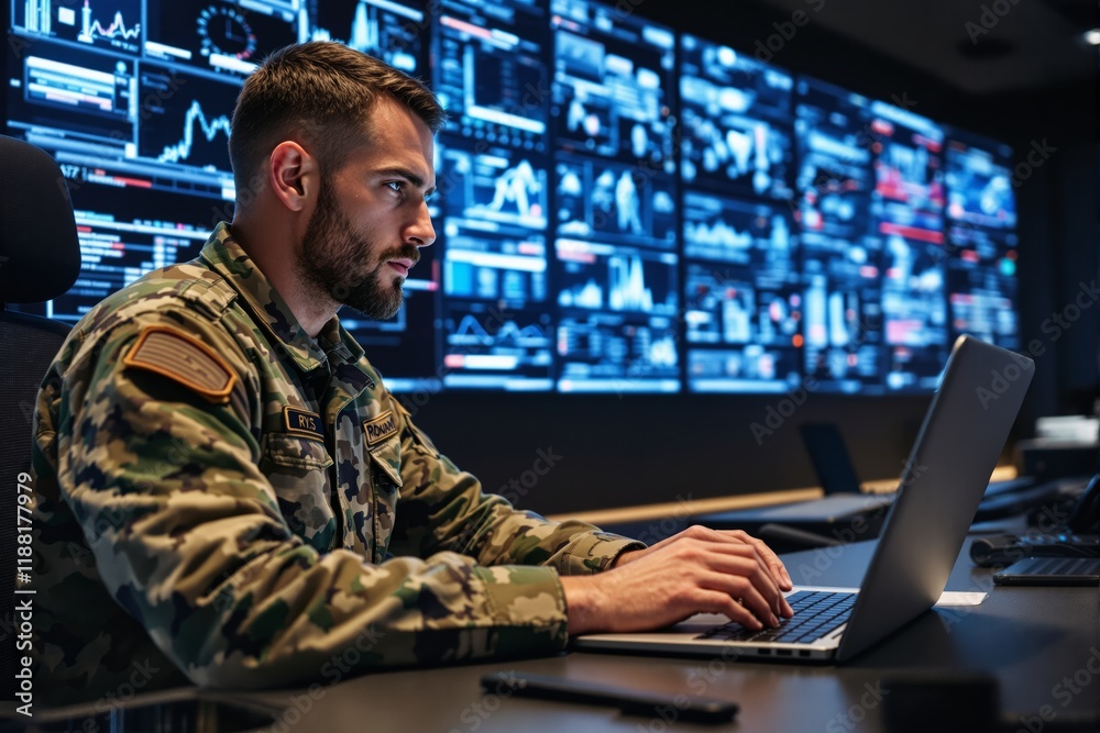 Aufkleber Military personnel working on laptop in cybersecurity operations center with digital data displayed on multiple screens in a dark background.