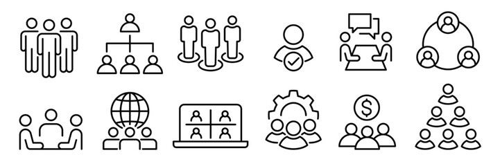 People, human, person line icon set. Containing participants, group, team, meeting, organization, community, population, audience, member, discussion, assembly, interview. Vector illustration