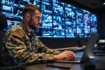 Military personnel working on laptop in cybersecurity operations center with digital data displayed on multiple screens in a dark background.