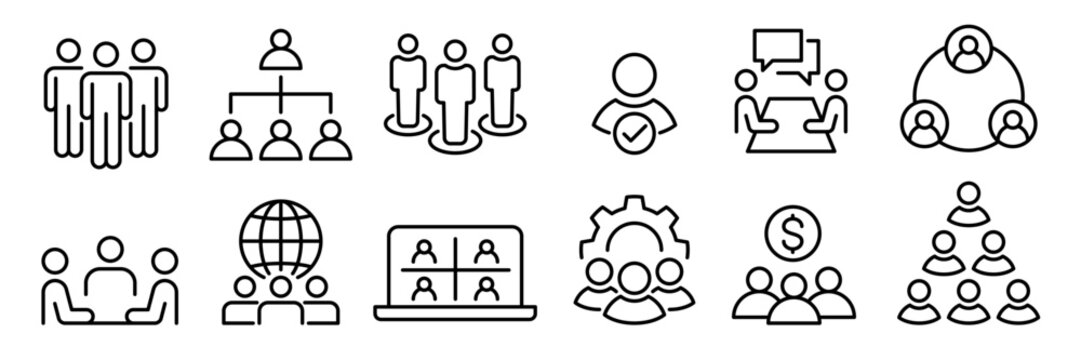 People, human, person line icon set. Containing participants, group, team, meeting, organization, community, population, audience, member, discussion, assembly, interview. Vector illustration