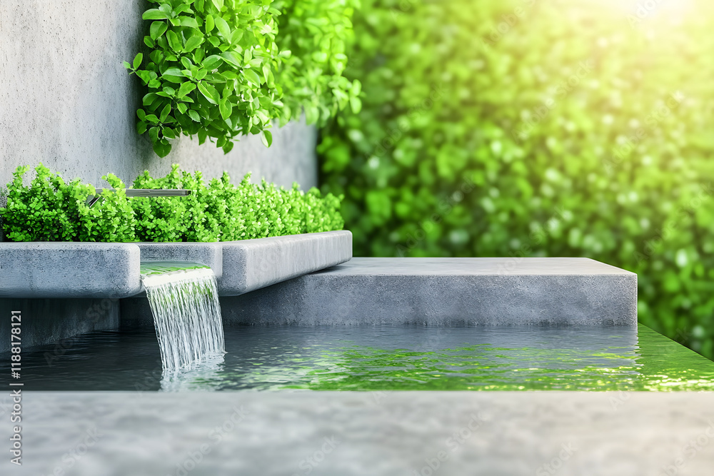 Poster a serene water feature flows gently, surrounded by lush greenery, creating a tranquil outdoor space 