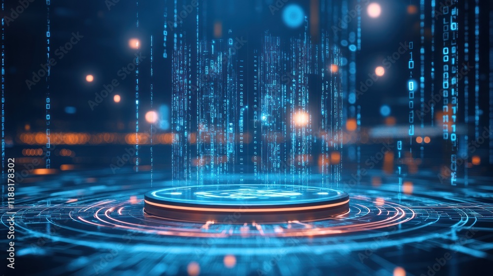 Poster Digital Data Streams Flowing Over Futuristic Platform