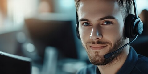 Close up headshot of a handsome customer support agent wearing a headset while working in a call center. The customer support agent focuses on assisting clients in a busy helpdesk environment.