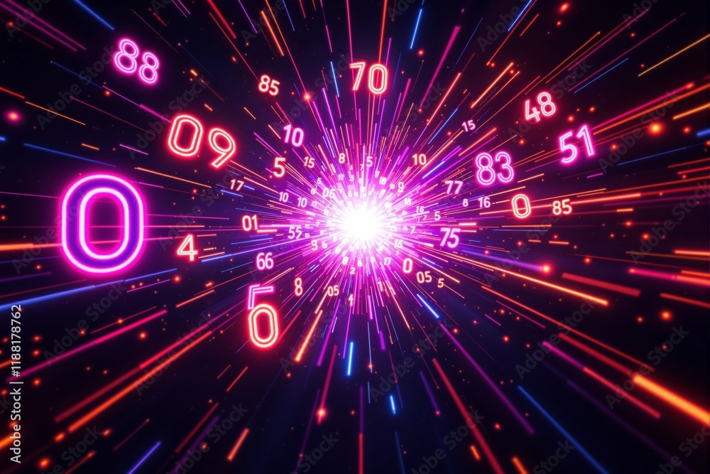 Poster bright futuristic explosion of colorful neon numbers on a dark background.
