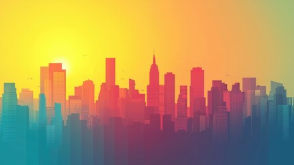 Fototapeta premium Vibrant City Skyline Silhouette Against a Colorful Sunset Background