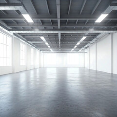 Wide angle shot of a simple, brightly lit, empty warehouse.