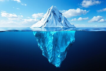 Obraz premium Iceberg floating in blue ocean with underwater section visible, bright sky with clouds in the background.