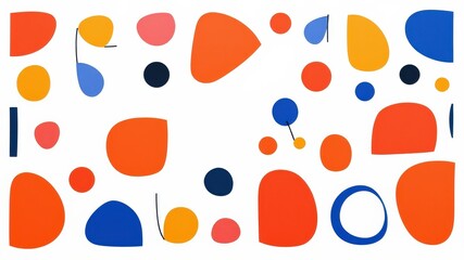 A Colorful Abstract Pattern Featuring Geometric Shapes and Organic Forms in Hues of Blue, Orange, and Red on a White Background