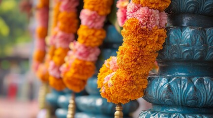 Fototapeta premium Vibrant marigold and chrysanthemum garlands on ornate blue pillars
