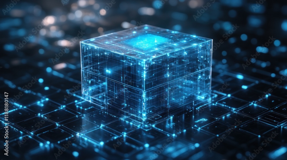 Poster Futuristic Transparent Cube Data Processing System