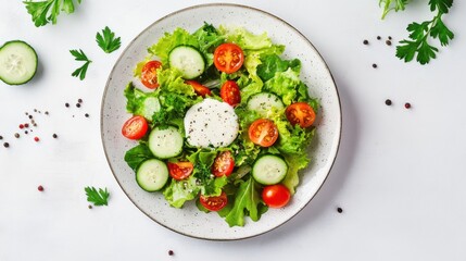 Freshly picked kale, lettuce, celery, carrots, and tomatoes placed in a stylish ceramic dish, their natural colors popping against the clean white background.