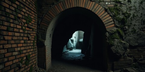 Fototapeta premium A brick archway leads into a dark and mysterious tunnel, with light filtering in from a distant source.